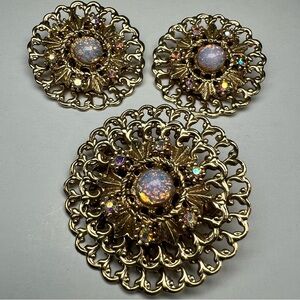 Vintage filigree faux opal brooch and clip on earrings